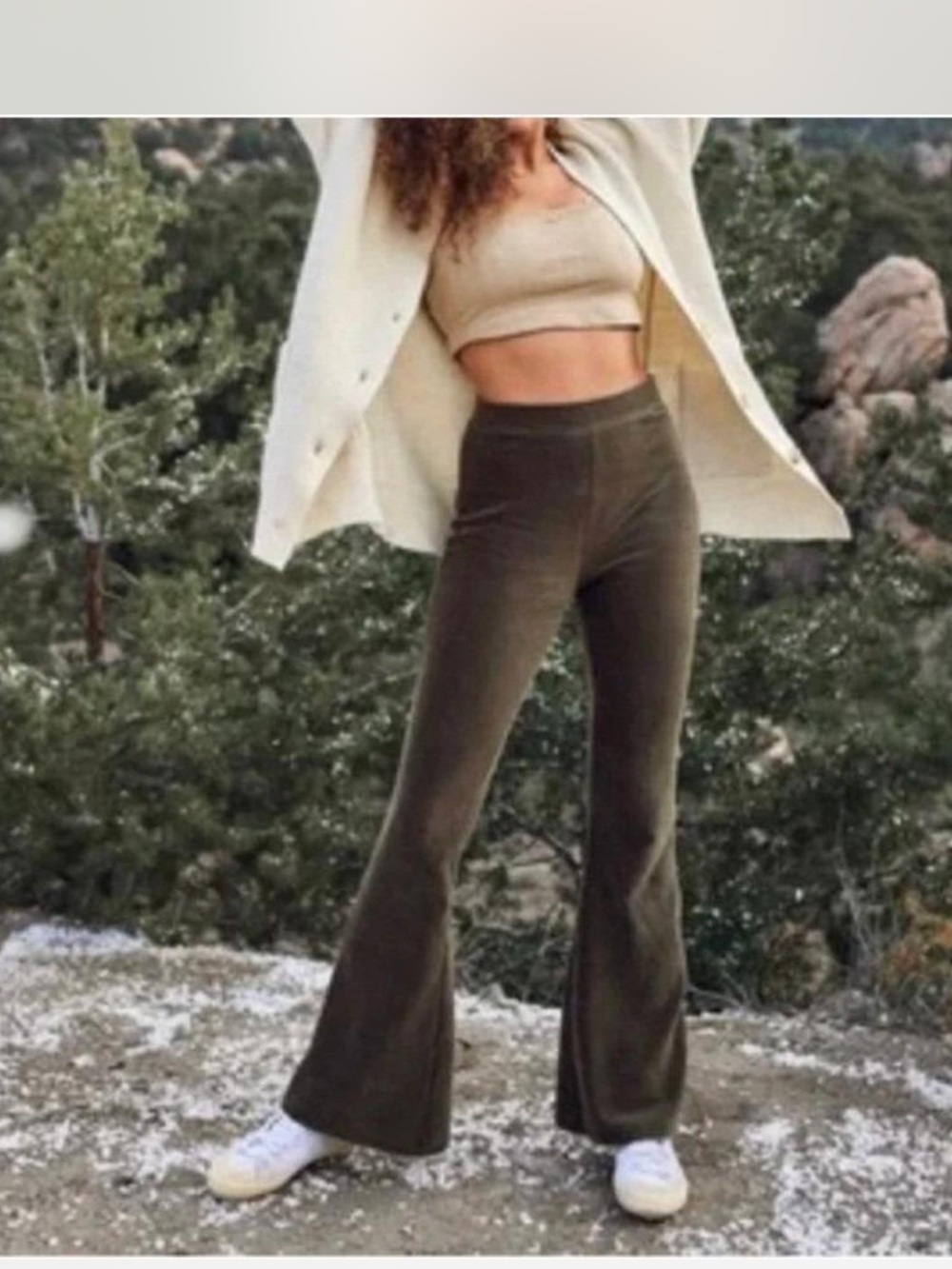 Aerie Groove on Ribbed Velour flare pants in nomad olive green